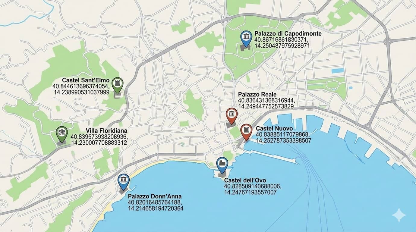 Mappa che mostra la posizione dei principali castelli e palazzi di Napoli